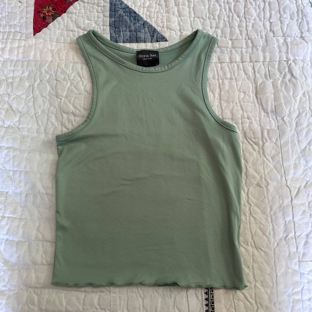 Olivia Rae Tank Top Sage Green High Neck Lettuce Hem XS